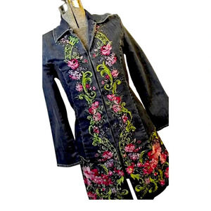 Vintage 1990 live a little embroidered long denim jacket